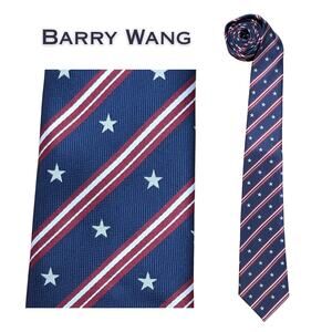 Barry Wang Silk Tie Patriotic Red White Blue Stars Stripes US Flag July 4th